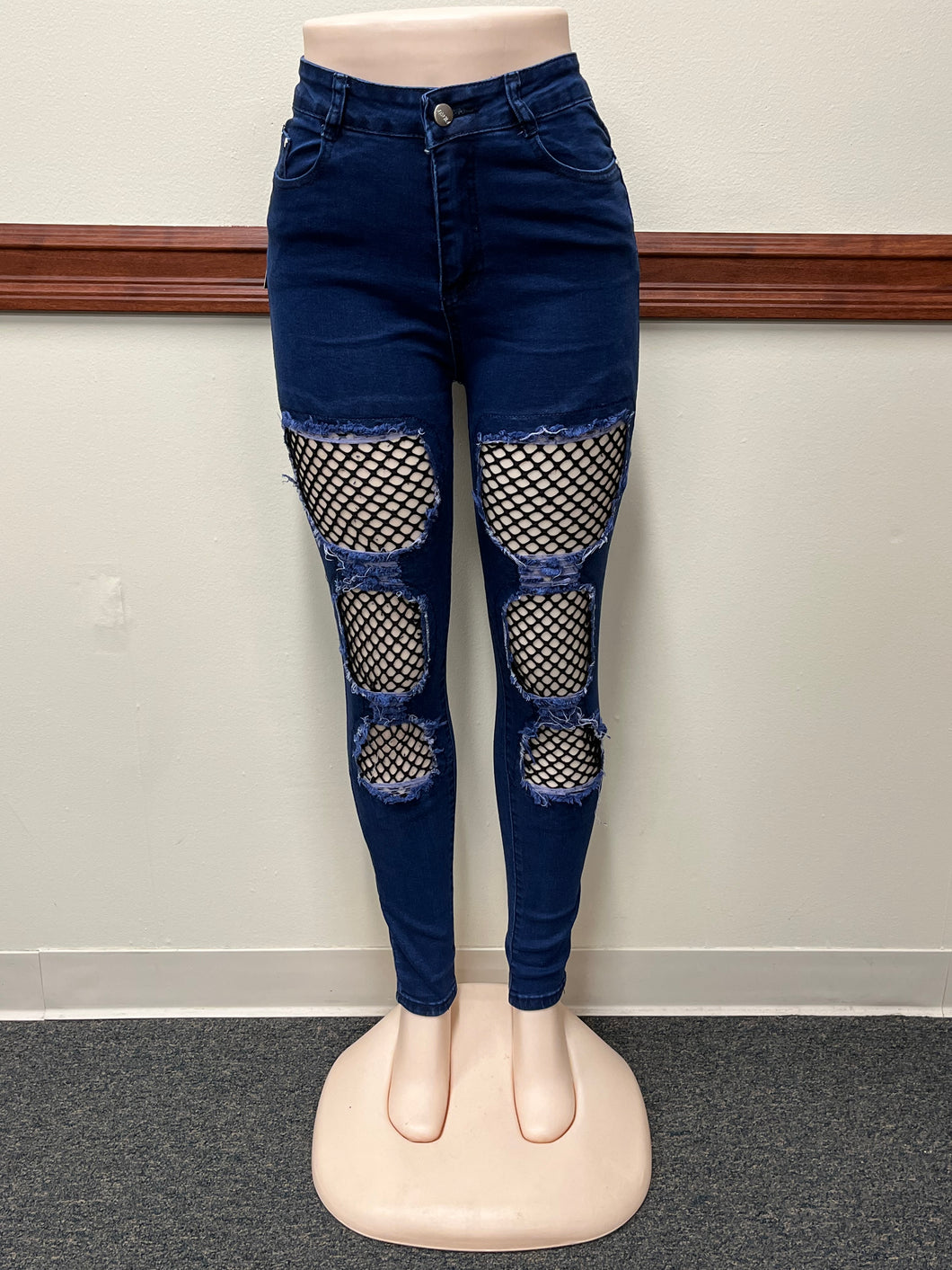 Dark Blue fishnet jeans Available in Size S