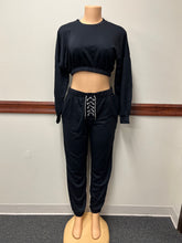 Crop Top Jogger Set with Rhinestone strings Available in Size L