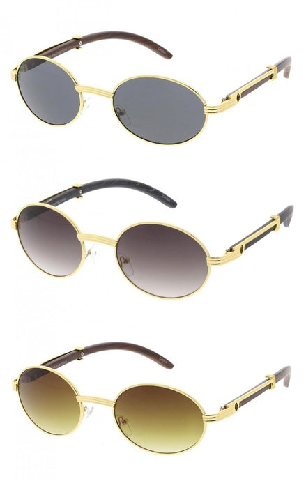 Boss Man Collection Small Round Frame Wood Grain & Gold Sunglasses 1st Pair available ONLY