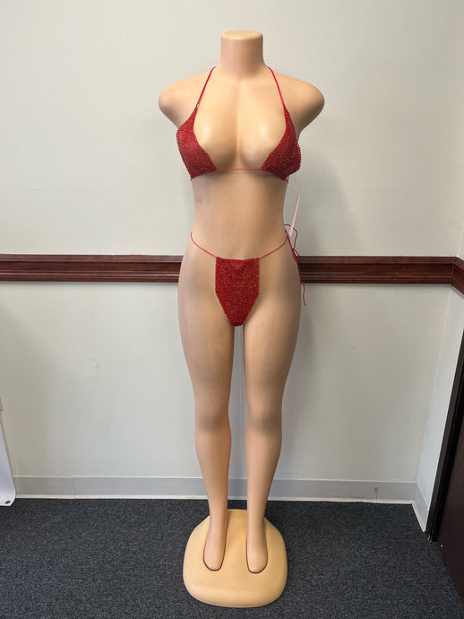 Red Bejeweled string 2-piece swimsuit One size Fits all & Adjustable Strings