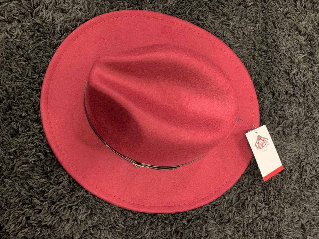 Burgundy Fedora Hat with Red Bottom Adjustable Strings inside Hat