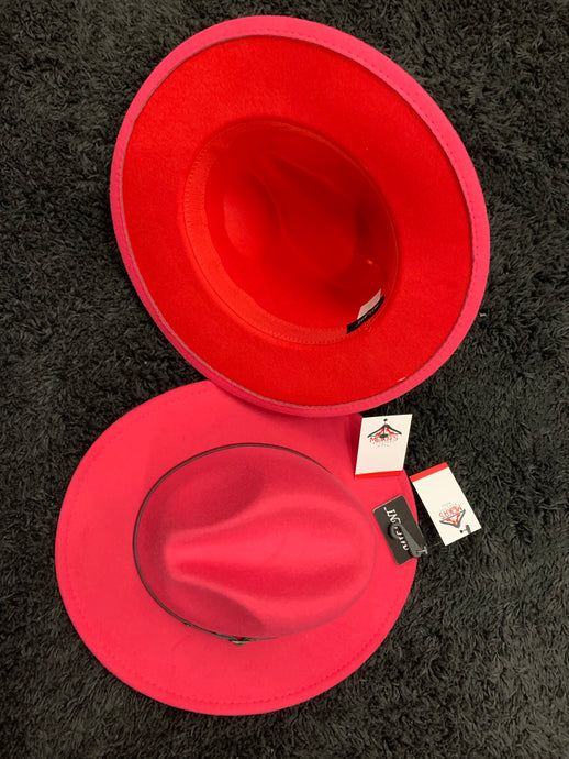 Hot Pink Fedora Hat with Red Bottom Adjustable Strings inside Hat