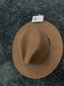 Brown Fedora Hat with Red Bottom Adjustable Strings inside Hat