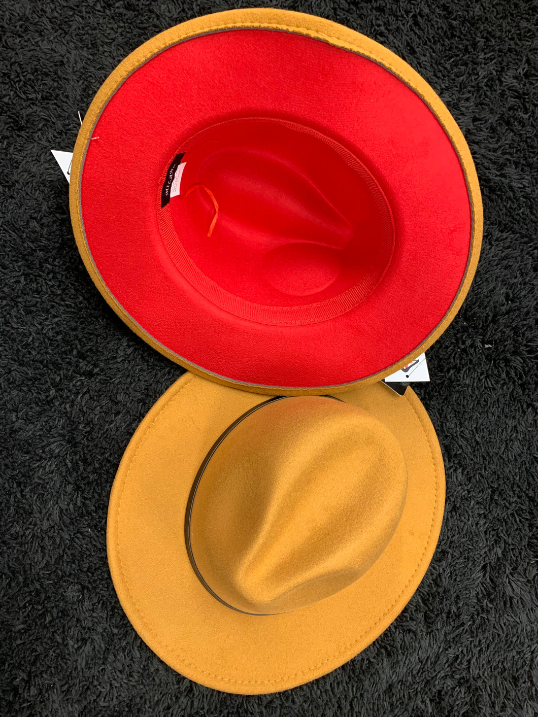 Mustard Fedora Hat with Red Bottom Adjustable Strings inside Hat