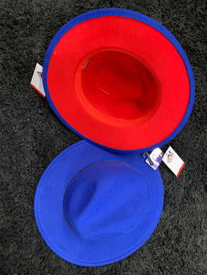 Royal Blue Fedora Hat with Red Bottom Adjustable Strings inside Hat