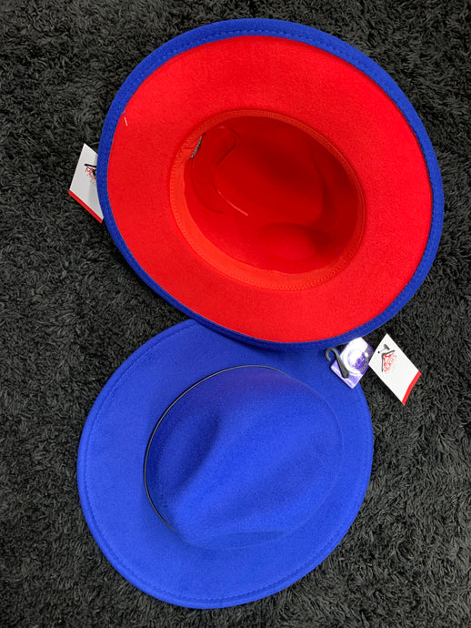 Royal Blue Fedora Hat with Red Bottom Adjustable Strings inside Hat