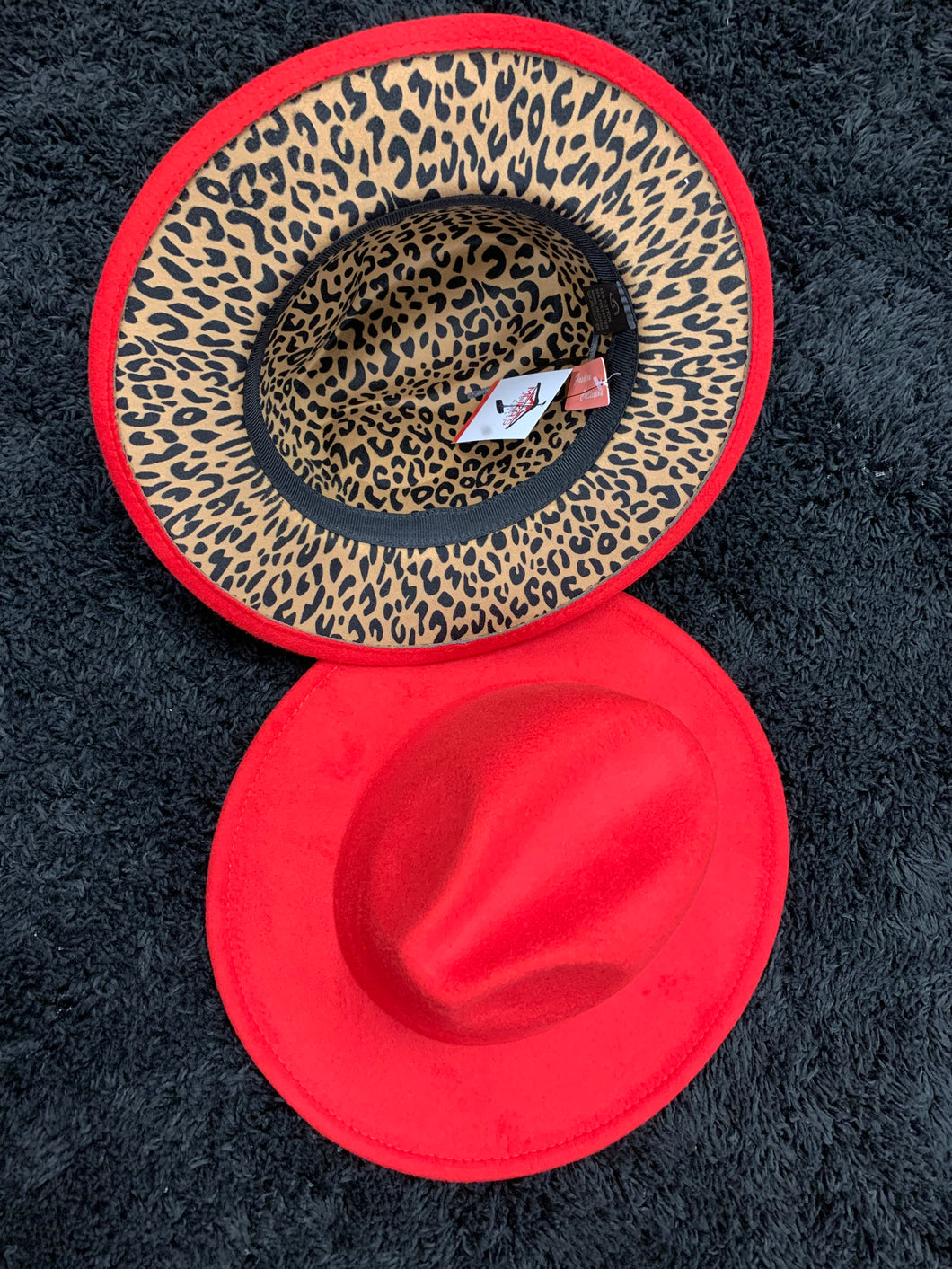 Red Fedora Hat with Leopard Bottom Adjustable Strings inside Hat